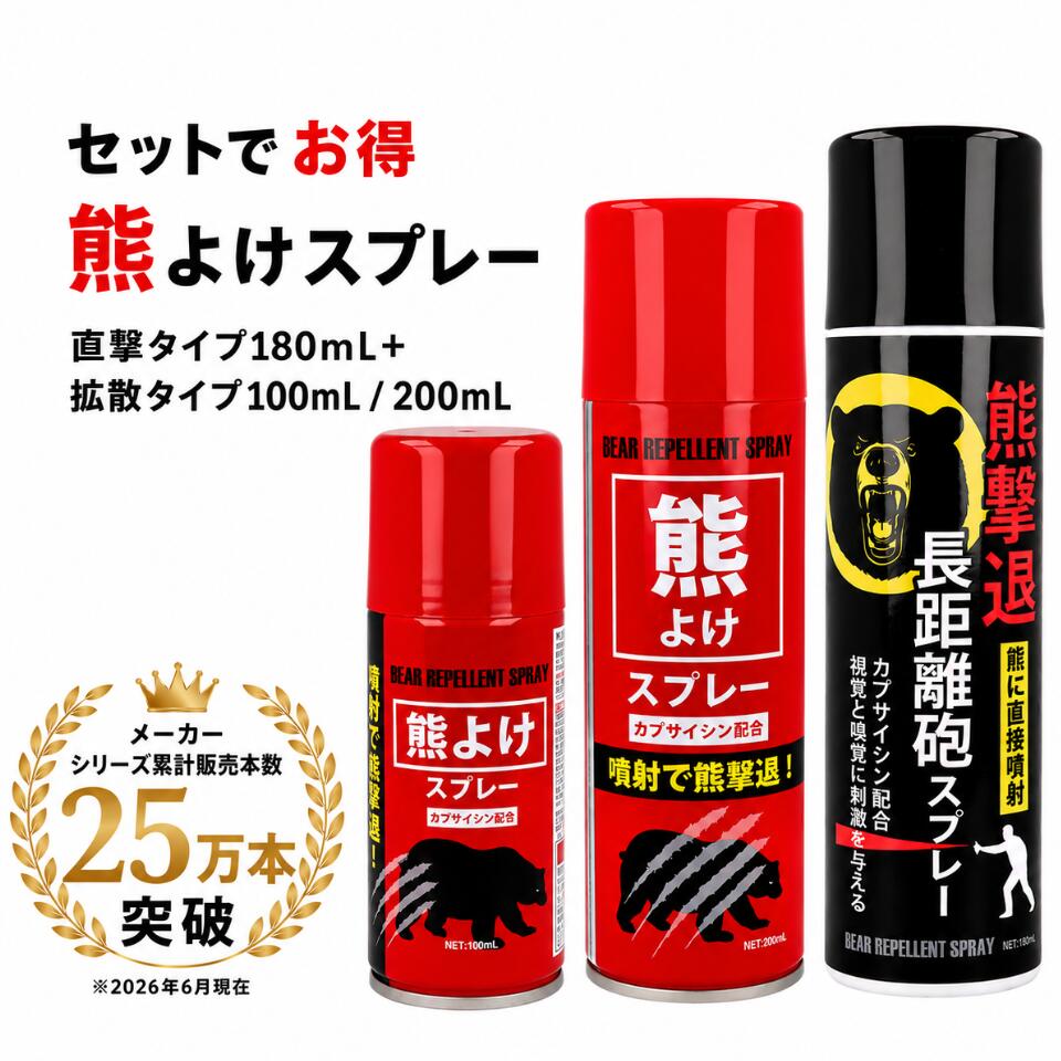 用途に合わせて選べる 直撃＋拡散 2本セット 本製品は、直撃タイプ180mLと、拡散タイプ100mLまたは200mLを組み合わせた熊よけスプレーの2本セットです。 遠距離対応の直撃タイプと、広範囲に備えやすい拡散タイプを用途に合わせて使い分けできる構成で、登山、キャンプ、農業、山林作業など熊出没地域での屋外活動時の備えとしてご使用いただけます。 ■選べる2つのセット 直撃180mL＋拡散100mL：携帯しやすく、まず備えたい方におすすめの2本セット 直撃180mL＋拡散200mL：遠距離対応と広範囲対策をまとめて備えられる2本セット ■セットの特長 直撃タイプ180mL：約5〜6mの長距離噴射に対応 直撃タイプ180mL：最長15秒以上の連続噴射 カプサイシン2％以上配合 用途に合わせて拡散100mLまたは拡散200mLを選択可能 遠距離対応と広範囲対策をまとめて備えられる ■こんな方におすすめ まずは携帯しやすいセットで備えたい方には「直撃180mL＋拡散100mL」。 より広範囲までしっかり備えたい方には「直撃180mL＋拡散200mL」がおすすめです。 ■使用シーン 登山、キャンプ、農業、山林作業、山菜採り、渓流釣り、施設管理、巡回業務など、熊出没地域での屋外活動時の備えとして幅広く活用できます。 ■製品仕様 直撃タイプ：180mL / 約5〜6m長距離噴射 / 最長15秒以上 / カプサイシン2％以上配合 拡散タイプ：100mL または 200mL 使用期限の目安：各スプレーとも4年 ■ご使用にあたって 本製品は熊よけ対策用品です。自然環境下では使用状況や条件により結果は異なります。 ご使用前に必ず取り扱い方法をご確認のうえ、風向きや周囲の安全に十分配慮してご使用ください。 熊の生息地域では、複数人での行動や音による存在通知など、総合的な対策を併用することをおすすめします。 ■ご使用時の注意 人に対して使用することはお控えください。暴行罪や傷害罪に問われますのでご注意ください。 熊が出没する地域に出かけるなどの正当な理由なく携帯すると軽犯罪法違反に問われますのでご注意ください。 内容物が目に入った場合や身体に付着した場合は、速やかに流水で洗い流し、必要に応じて医師にご相談ください。 ■保管について エアゾール製品のため、高温や直射日光を避けて保管してください。火気の近くでの使用・保管はお控えください。 お子様の手の届かない場所で保管してください。 ■有効期限について 使用期限の目安は4年です。製造日は本体底面に記載されています。ご使用前に必ずご確認ください。 有効期限が経過した製品の使用はお控えください。 ■廃棄方法について 廃棄の際は、換気のよい場所で内容物を使い切ったうえで、各自治体のルールに従って適切に処理してください。 ■販売について 18歳未満の方への販売は控えております。 ■大口・ケース単位でのご購入について 複数セットでの導入やケース単位でのご購入をご検討の場合は、お気軽にお問い合わせください。 業務用備蓄や施設導入など、まとめて備えたい場合のご相談にも対応しております。