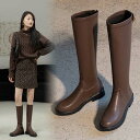 ブーツ ロングブーツ チャンキーヒール ローヒール ぺたんこ 茶 黒 レザー レディース 21cm 21.5cm 22cm 22.5cm 23cm 23.5cm 24cm 24.5cm 25cm 25.5cm 26cm 26.5cm