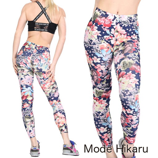 ネイビーカラフルフラワー柄 レギンス ヨガパンツ ピラティス フィットネスウェア ダンスウェア ネイビーカラフルフラワー柄 レギンス ヨガパンツ ピラティス フィットネスウェア ダンスウェア