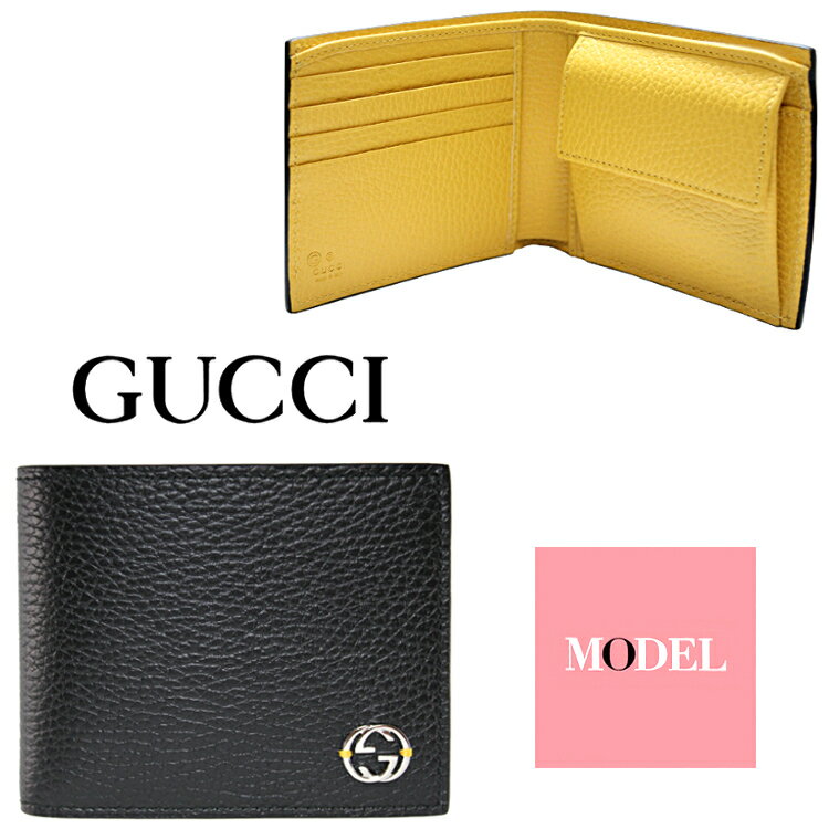 グッチ 革財布 メンズ GUCCI グッチ 財布 メンズ 二つ折り財布 折りたたみ財布 小銭入れ有り グッチ財布 アウトレット メンズ財布 革 レザー ぐっち さいふ サイフ 黒 ブラック イエロー 黄色 GGマーク GGロゴ 新品 正規品 610466 CAO2N 1041