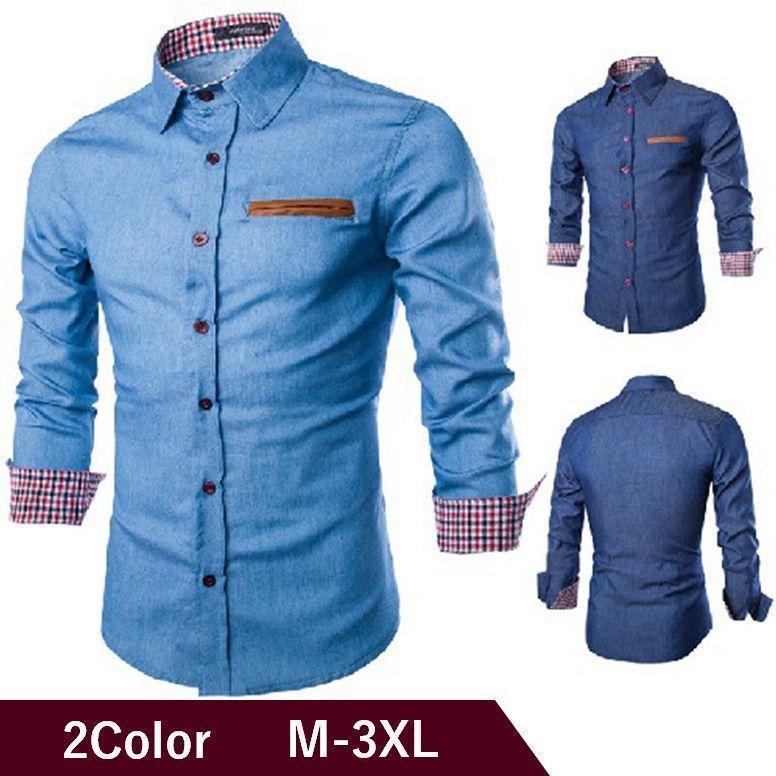 ダンガリーシャツ Yシャツ メンズ トップス ファッション 長袖 スリム 爽やか お洒落 おしゃれ ストライプ ブルー