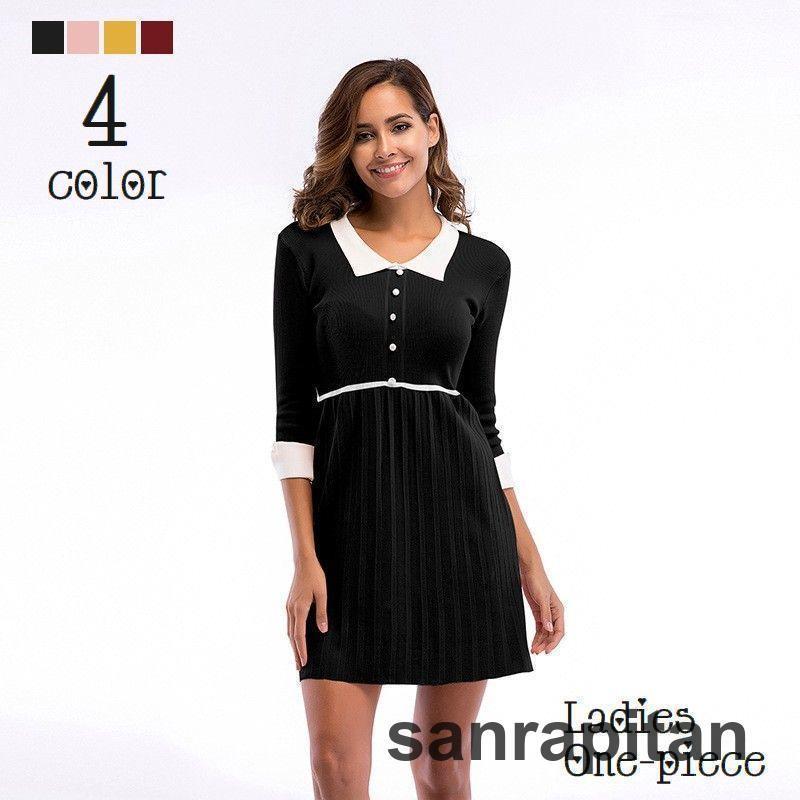 ワンピース 七分袖 レディース リブニット ミニ丈 ハイウエスト 襟付き ラウンドネック プリーツ 婦人服 プルオーバー 可愛い おしゃれ ショート丈