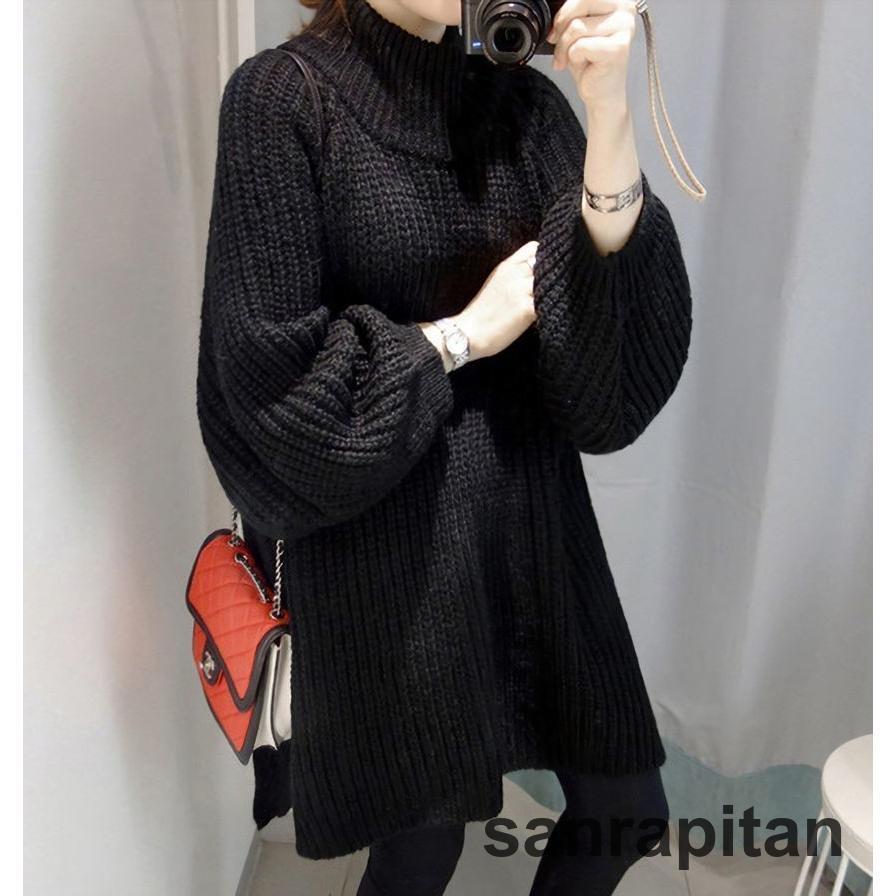 ニットワンピース 長袖 クルーネック ハイネック 膝丈 ミディアム丈 ミディ丈 レディース ワイドスリーブ ゆったりめ ルーズ サイドスリット 体型カ
