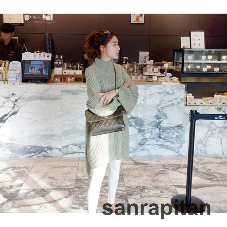 ニットワンピース 長袖 クルーネック ハイネック 膝丈 ミディアム丈 ミディ丈 レディース ワイドスリーブ ゆったりめ ルーズ サイドスリット 体型カ