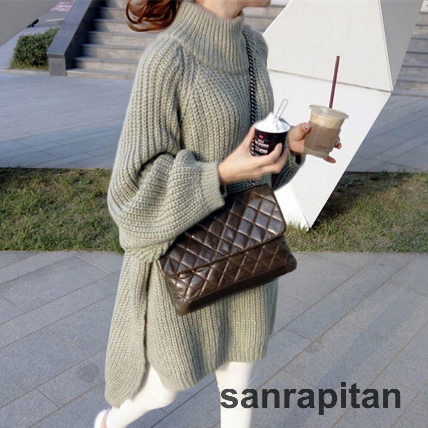 ニットワンピース 長袖 クルーネック ハイネック 膝丈 ミディアム丈 ミディ丈 レディース ワイドスリーブ ゆったりめ ルーズ サイドスリット 体型カ