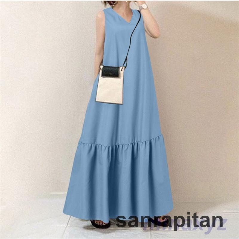 マキシワンピース レディース ノースリーブ ワンピース ロング丈 体型カバー マキシ丈 Vネック タンクトップ 夏ワンピース 体型カバー