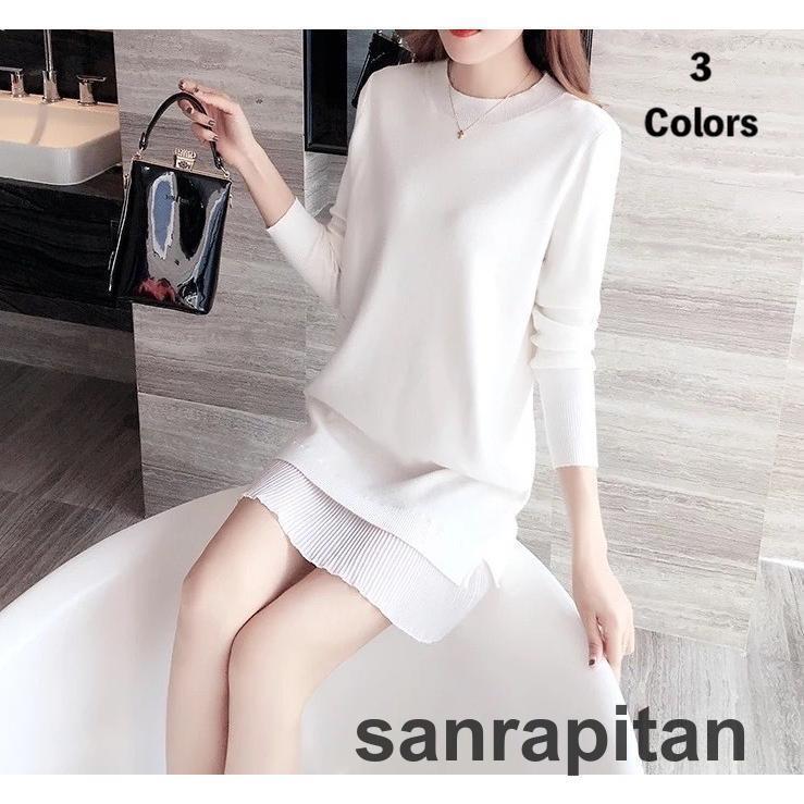 ワンピース レディース きれいめ 大人 ショート 長袖 ミニ 秋冬 おしゃれ ニット タイト シフォンプリーツ クルーネック ラウンドネック 結婚式