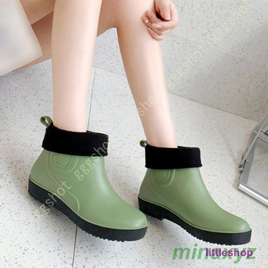 レディース ショートレインブーツ レインブーツ スリッポン レインシューズ 防水 長靴 ブラック シンプ..