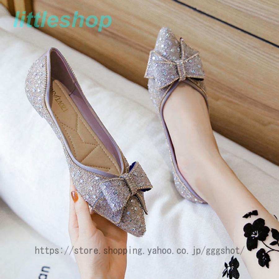 レディース ぺたんこ パンプス リボン キラキラ Uカット ポインテッドトゥ 大きいサイズ靴 バレエシューズ カジュアル フラット ローヒール 女っぽ 歩きやすい