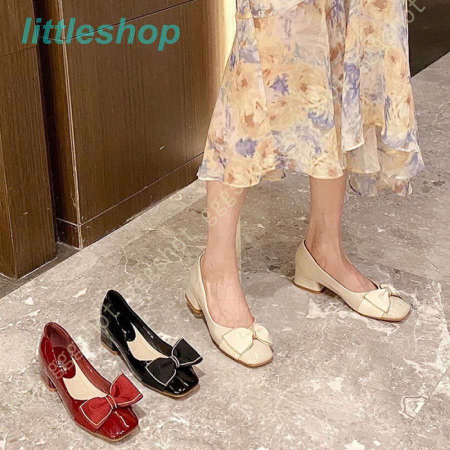 パンプス チャンキーヒール 太めヒール ローヒール スクエアトゥ Vカット バレエシューズ リボン かわいい 走れるパンプス 3cmヒール エナメル クラシック