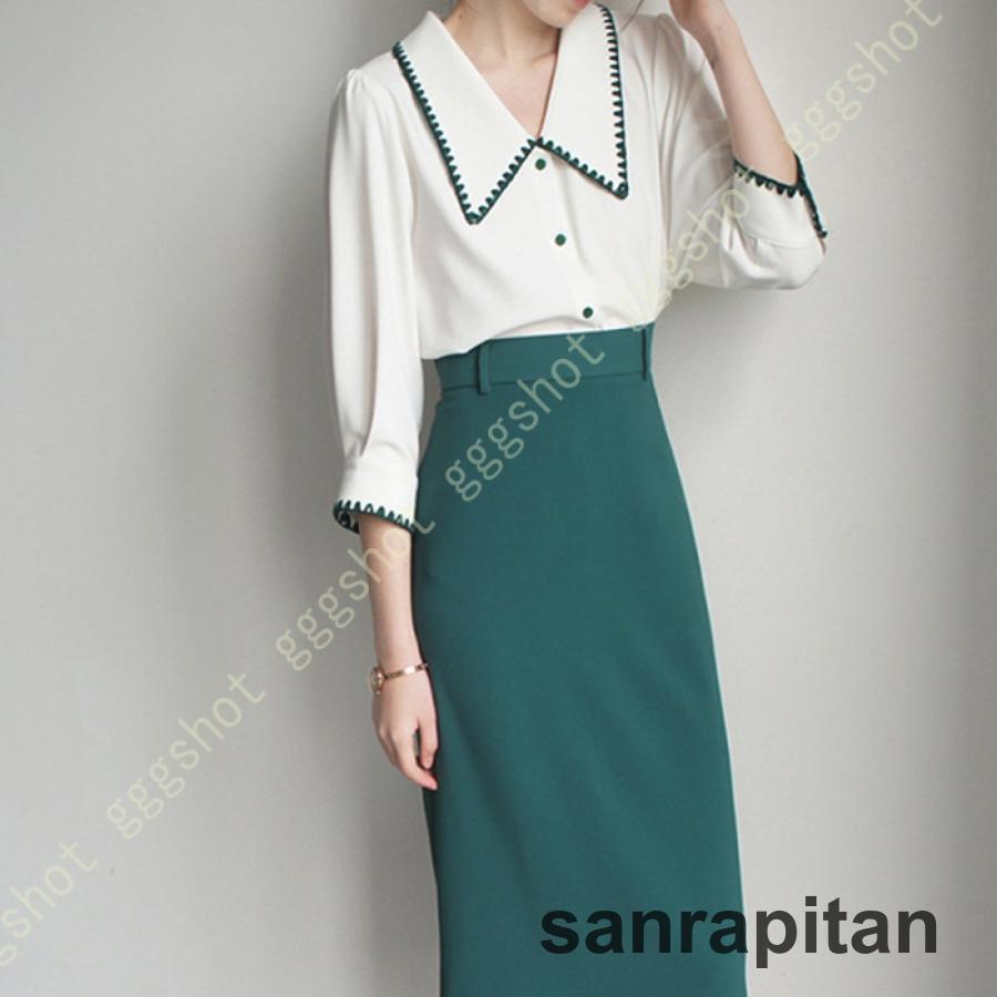 シャツ ブラウス 七分袖 シフォン オシャレ レディース ワイシャツ 無地 イエロー ブラック 開襟 上品 ..