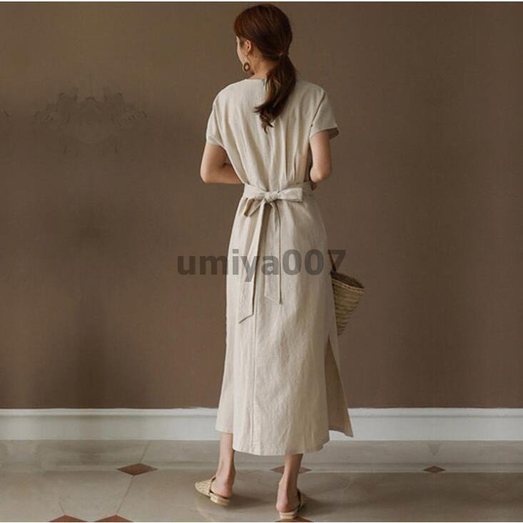 ワンピース レディース 夏 春 40代 Aライン ロング丈 大きいサイズ リネン 半袖 綿麻混 ゆったり 体型カバー カジュアル きれいめ ロングワンピース