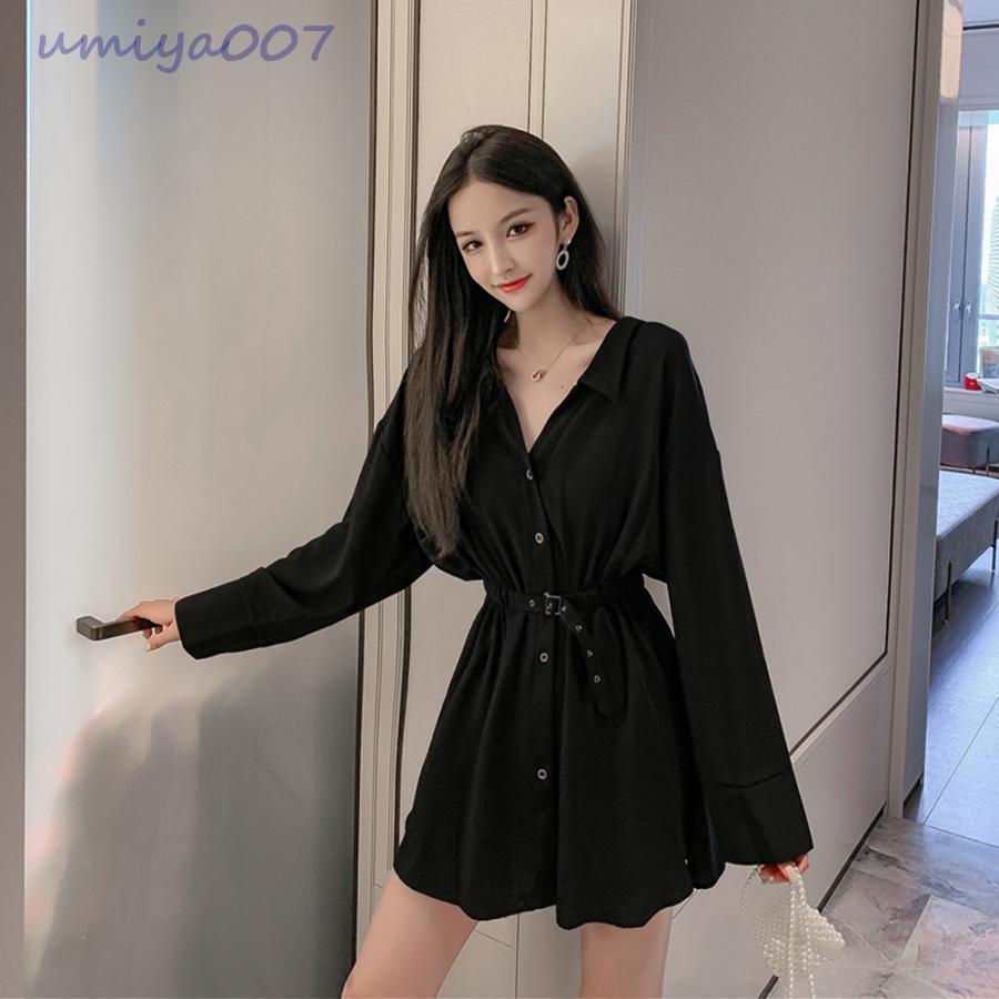 ミニワンピース レディース 長袖 シャツワンピース ショート丈 ウエストマーク ブラウスワンピース きれいめ シャツブラウス 無地