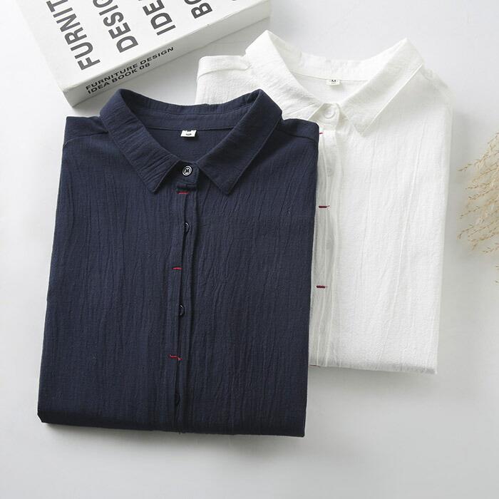 Long-Sleeved - レディースシャツ ブラウス レディース 長袖 シャツ コットン 綿 シャツブラウス スーツインナー 春秋 トップス 柔らか 無地 ゆったり 着痩せ ベーシック 定番 大人 ワイシャツ 通勤 オフィス ホワイト 白 ネイビー 春 秋
