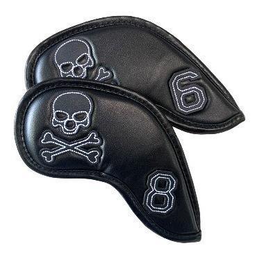 ゴルフヘッドカバー アイアンカバー アイアン用 刺繍入り 10点セット 4?9番 P、A、S、X番 番手付 スカル 黒