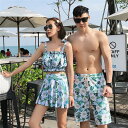 カップル 水着 ペアルック 体型カバー レディース ペアビキニ ビキニ ショートパンツ オフショルダー ワンピース バックフリル バックシャン メンズ