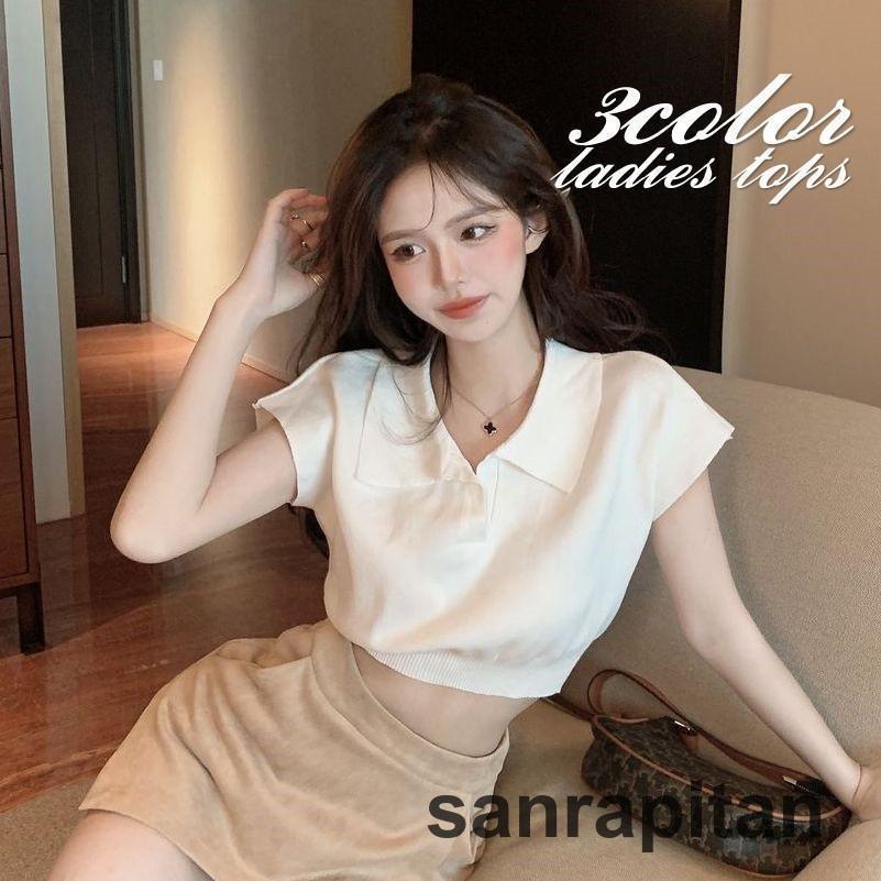 ニット 半袖 襟付き レディース 女性 サマーニット ショート丈 短め丈 おしゃれ かわいい 肌見せ お腹見せ リブ 通勤 通学 デート お出かけ 薄