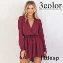 オールインワン パンツワンピース ロンパース レディース 女性 カシュクール 膝上丈 チュニック 長袖 丈短め Vネック サープリス ネック 背中スリ