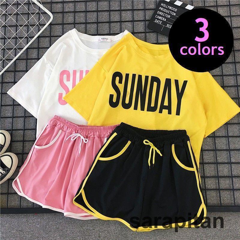 半袖Tシャツ ショートパンツ セットアップ 上下セット レディース トップス ボトムス 夏 ラウンドネック ショーパン ロゴ スポーティ カジュアル