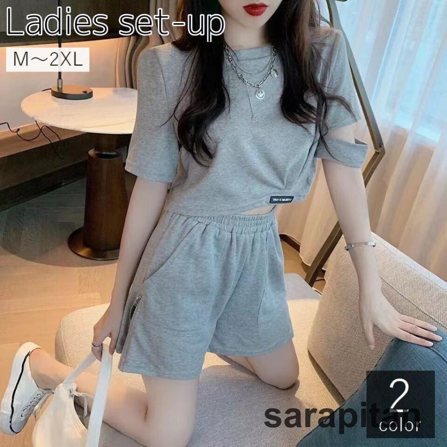 セットアップ レディース 女性用 上下セット 半袖 ショートパンツ 短パン スウェット 無地 大きいサイズ カットアウト ポケット付き おしゃれ カジ