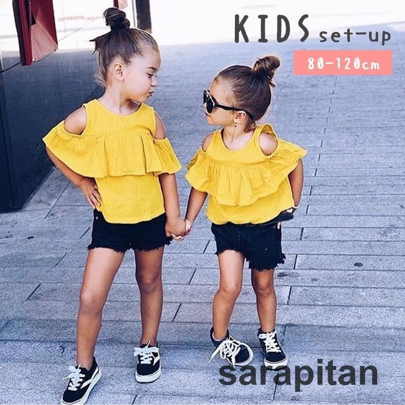 セットアップ 上下セット オフショルダー ショートパンツ 80-120cm キッズ 子供 女の子 トップス ボトムス おしゃれ 夏服
