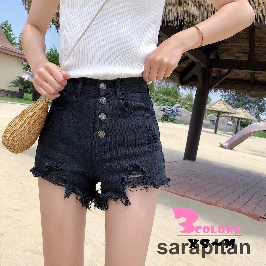 ショートパンツ ホットパンツ カラーパンツ デニムパンツ 膝上 短い レディースファッション 大人 女性 ボトムス ボタン ポケット ダメージ加工 穴