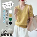 サマーニット 半袖 Tシャツ レディース ニットトップス パフスリーブ Vネック 五分袖 無地 トップス ニット 体型カバー 涼しい コーデ 夏