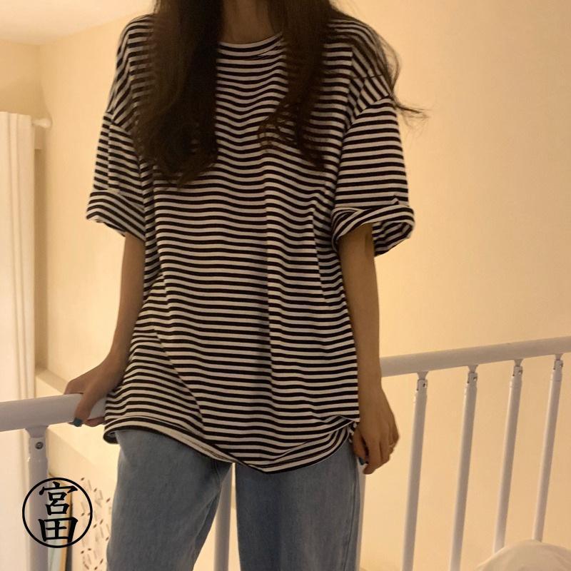 レディース 半袖Tシャツ 体型カバー ボーダー柄 Tシャツ 五分丈袖 マリンセーラー 女性用 カットソー ゆったり 夏物 薄手 スクール風 カジュアル