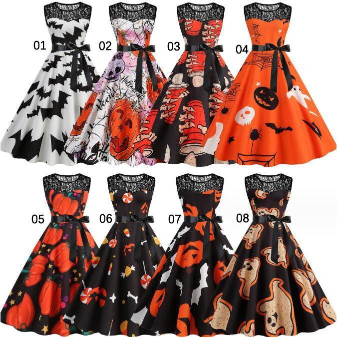 半袖レースハロウィンドレス レトロドレス コスプレ衣装 ワンピース カボチャ柄 髑髏柄 レディース 膝..
