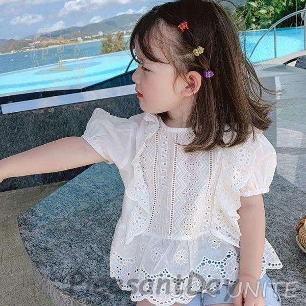 ことも服 キッズ シャツ トップス 女の子 綿シャツ 半袖 夏 パフスリーブ 無地 白 可愛い お姫 カジュアル レース 通学 小学生 結婚式 卒業式 入学式