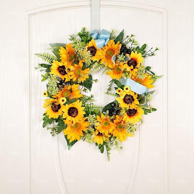 リース ドアリース 造花 結婚式 ひまわり花輪 ウェルカムリース 撮影道具 引っ越し 新築祝い プレゼント 母の日ギフト 北欧風 壁掛け 玄関飾り おしゃれ 店...