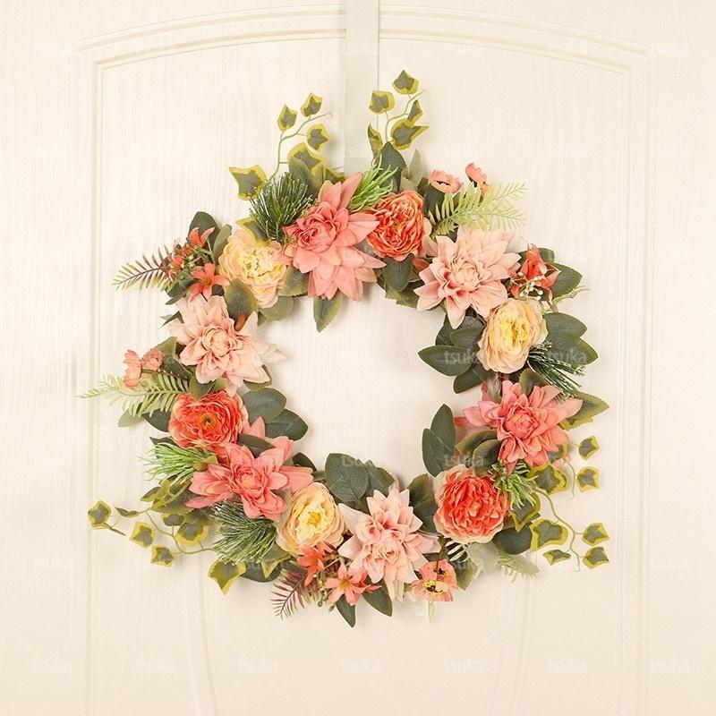 リース ドアリース 造花 花輪 ウェルカムリース ダリアリース プレゼント 母の日ギフト 北欧風 壁掛け 玄関飾り おしゃれ 玄関リース 結婚式 店舗 玄関 壁...