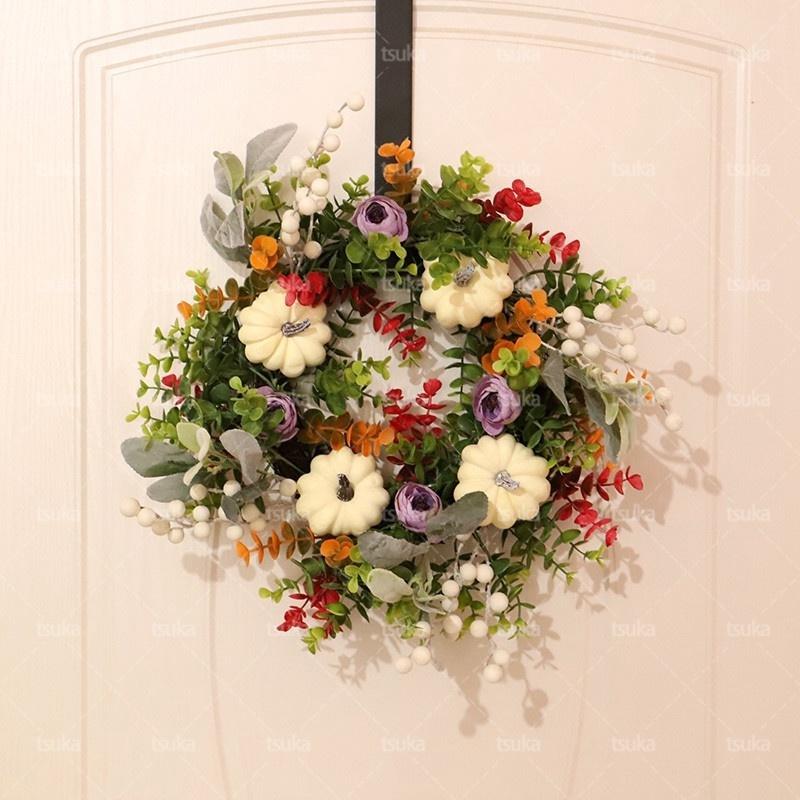 リース ドアリース 壁掛け 玄関飾り 造花 花輪 ウェルカムリース かぼちゃ プレゼント 母の日ギフト 北欧風 おしゃれ 玄関リース 結婚式 店舗 玄関 壁掛け