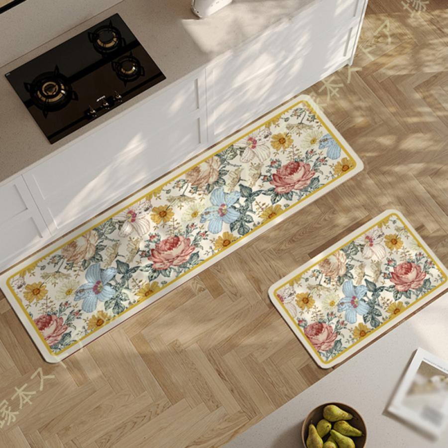 拭けるキッチンマット ヴィンテージ風 薄手 吸水キッチンマット 田園風キッチン 超吸水マット お手入れ簡単 滑り止め ずれにくい 台所マット