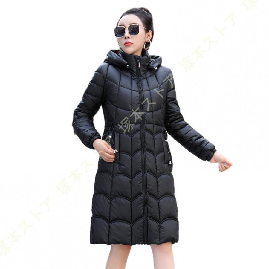 ダウンコート ダウンジャケット レディース ロング コート フード スタンドカラー ライン 着痩せ 撥水 軽量 大きいサイズ 黒 ブラック 無地 厚手 ジップアップ