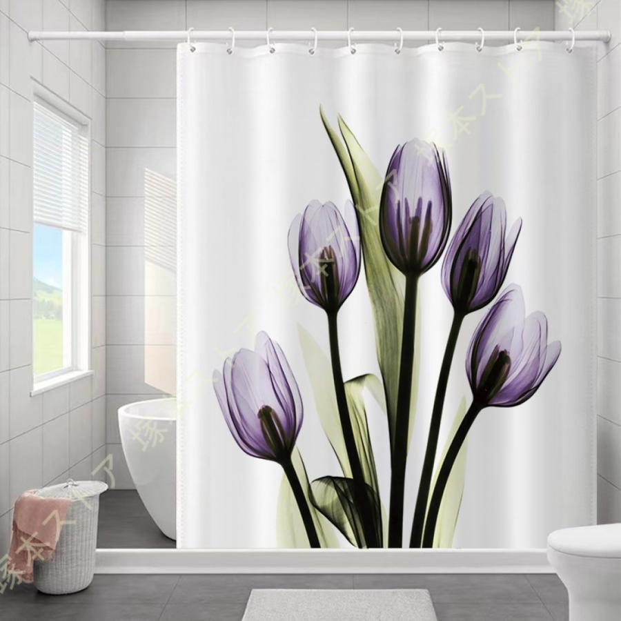 シャワーカーテン200cm丈 浴室カーテン 180*180 200*200 ポリエステル繊維 保温 抗菌 お花模様 洗面所 バスルーム バスカーテン シャワールーム 白 ピンク