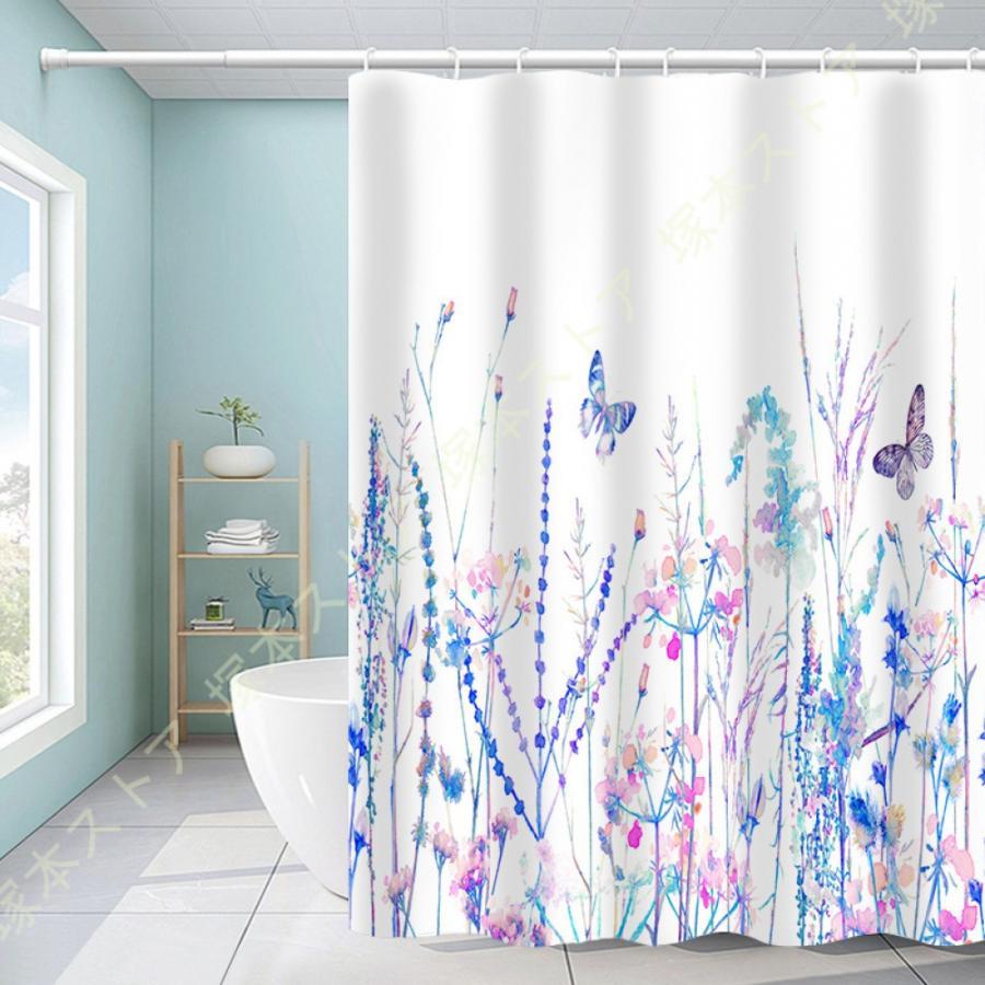 シャワーカーテン 200cm丈 花柄 180*180 保温 飛沫防止シート バスルーム バスカーテン ヒトデ ポリエステル 寮用 北欧 マリン 白 シャワールーム用カーテン