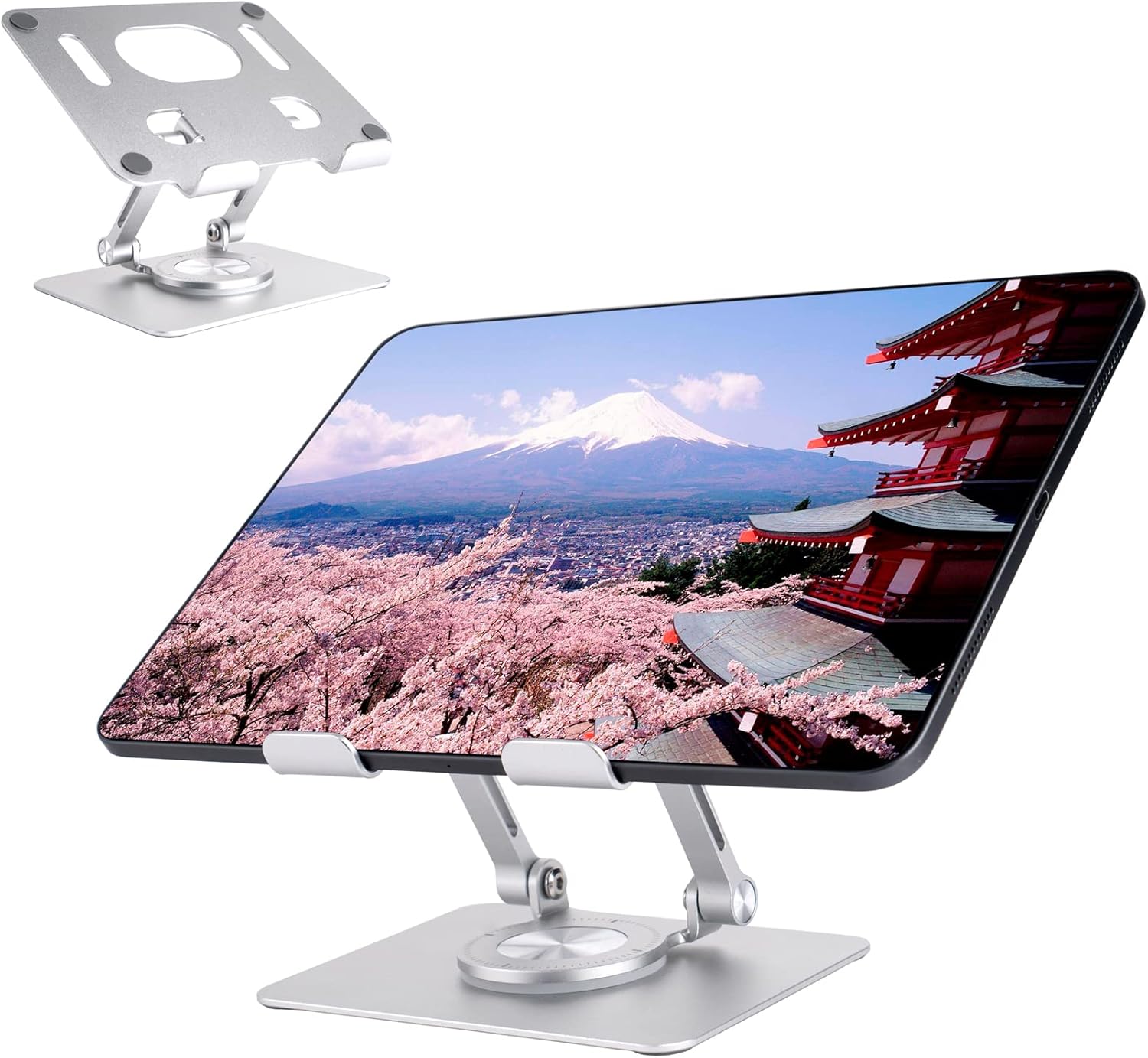 【200円引クーポン付】 タブレット スタンド 折りたたみ式 iPad スタンド 360°回転式 高さ角度調整可能 Tabletスタンド 縦置き 横置きタブレットホルダー 収納便利, 4.7~12.9インチまでipad&タブレット＆電子書籍など機種兼用 アルミ材質（シルバー）翌日配達 送料無料