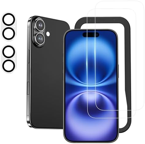 Rakuten - 【ポイント2倍】 【クーポン付】 ガラスフィルム (2枚) + カメラフィルム (2枚) iPhone 16 用 強化ガラス 保護フィルム ガイド枠付き カメラ保護 レンズカバー 硬度9H 耐衝撃 指紋防止 アイフォン16（6.1インチ）対応 DFP24G1361