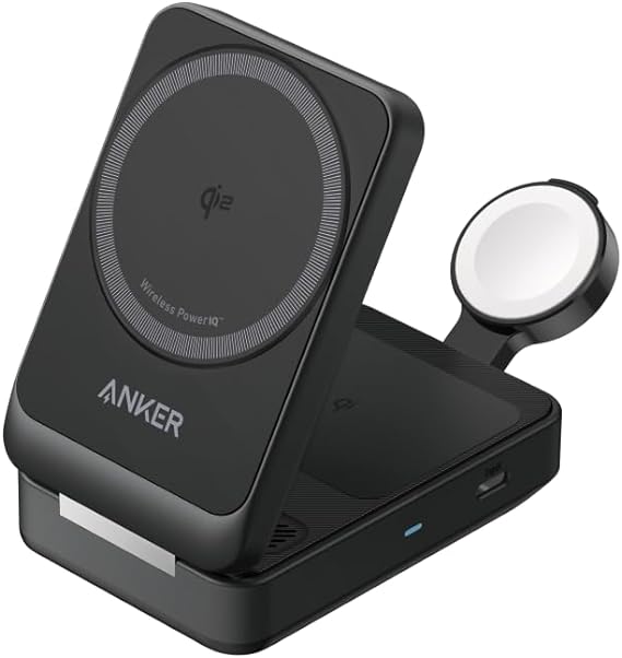 Anker MagGo Wireless Charging Station (Foldable 3-in-1) 2対応 マグネット式 3-in-1 ワイヤレス充電ステーション/ワイヤレス出力/Apple Watchホルダー付 iPhone MagSafe対応 15 / 14 / 13ブラック