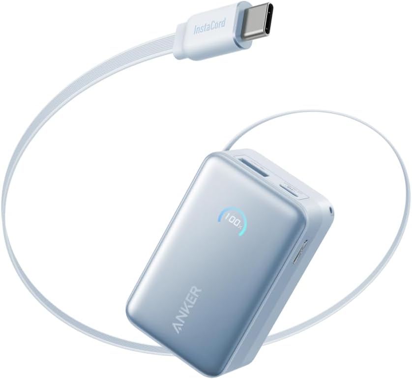 Anker Nano Power Bank (10000mAh, 45W, 巻取り式 USB-Cケーブル) ブルー 10000mAh (10k) 45W出力 / LEDディスプレイ搭載/USB-Cケーブル一体型/巻取り式ケーブル/iPhone 17 / 16 / 15シリーズ / iPhone Air/Android iPad 送料無料