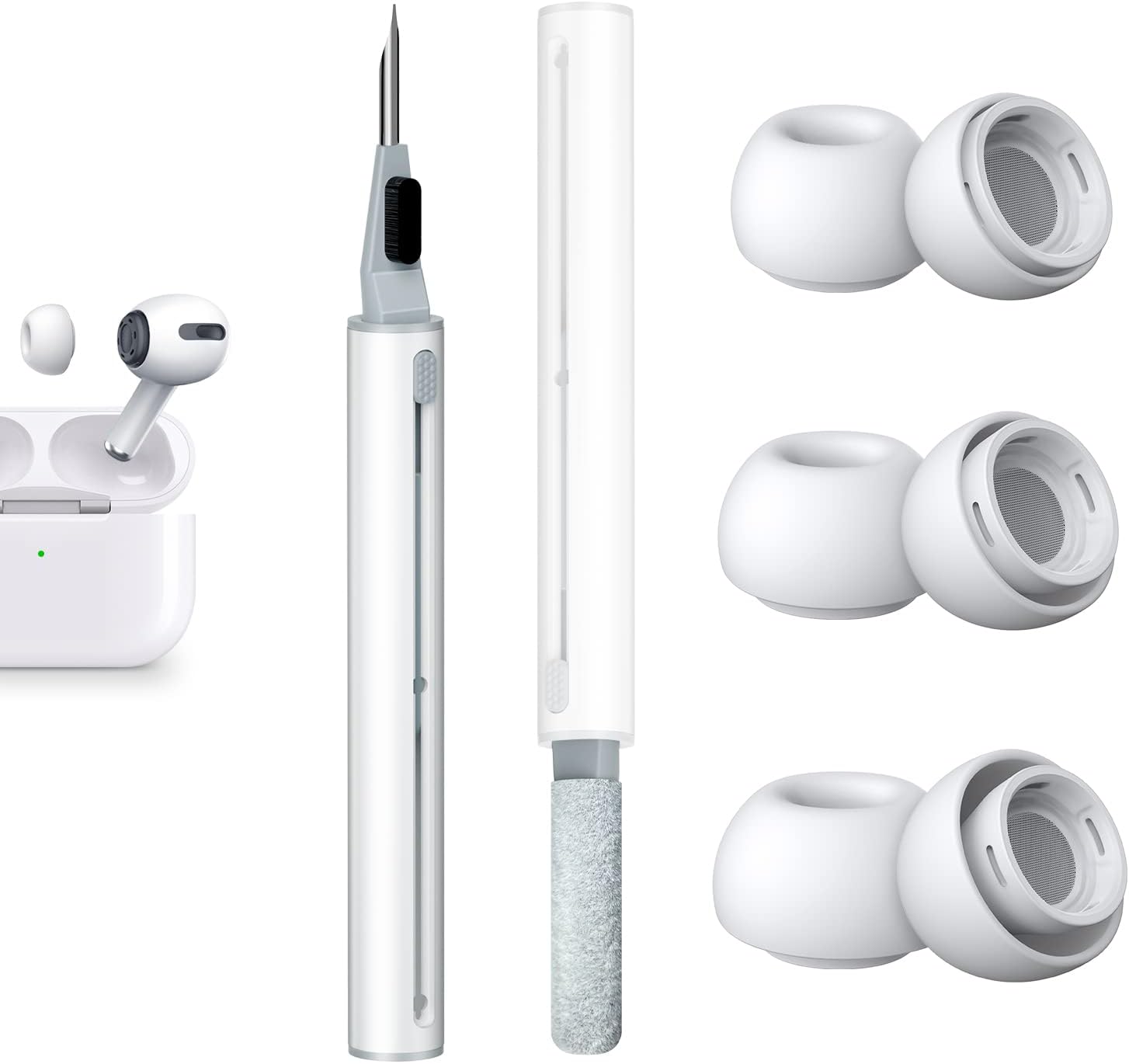 【対応機種】イヤーピースはAirPods Pro第1世代と第2世代に対応しています。イヤホンとイヤーチップの接続はより緊密でシームレスで、イヤーチップが落ちる心配はありません。 シリコンチップは充電ケースにも収まります。 【ノイズリダクション機能】YUWAKAYI AirPods Pro用交換用イヤーチップは側面に純正品とほぼ同じ2つのノイズリダクション穴があり、ノイズを低減して純正イヤホンの優れたノイズリダクション効果を維持できます。 【一体成型ダストメッシュ】各イヤーピースにはダストメッシュが内蔵されており、純正品とほぼ同じです。 一体成型プロセスにより、よりしっかりしており、汗や耳垢がイヤホンに入るのを効果的に防ぎます。 【3 in 1 クリーニングペン】デュアルチップの隠れたデザインの多機能クリーニングペンには、金属チップ、柔らかいブラシ、植毛スポンジブラシが含まれており、さまざまなクリーニングニーズに対応します。 あなたの電子デバイスを再び新品の状態に保つことができます。 【内容物】交換用イヤーチップ3ペア(S/M/Lサイズ)、多機能クリーニングペン1本が付属します。＜店内2点以上お買上げでさらに200円引クーポン進呈＞【対応機種】イヤーピースはAirPods Pro第1世代と第2世代に対応しています。イヤホンとイヤーチップの接続はより緊密でシームレスで、イヤーチップが落ちる心配はありません。 シリコンチップは充電ケースにも収まります。 【ノイズリダクション機能】YUWAKAYI AirPods Pro用交換用イヤーチップは側面に純正品とほぼ同じ2つのノイズリダクション穴があり、ノイズを低減して純正イヤホンの優れたノイズリダクション効果を維持できます。 【一体成型ダストメッシュ】各イヤーピースにはダストメッシュが内蔵されており、純正品とほぼ同じです。 一体成型プロセスにより、よりしっかりしており、汗や耳垢がイヤホンに入るのを効果的に防ぎます。 【3 in 1 クリーニングペン】デュアルチップの隠れたデザインの多機能クリーニングペンには、金属チップ、柔らかいブラシ、植毛スポンジブラシが含まれており、さまざまなクリーニングニーズに対応します。 あなたの電子デバイスを再び新品の状態に保つことができます。 【内容物】交換用イヤーチップ3ペア(S/M/Lサイズ)、多機能クリーニングペン1本が付属します。