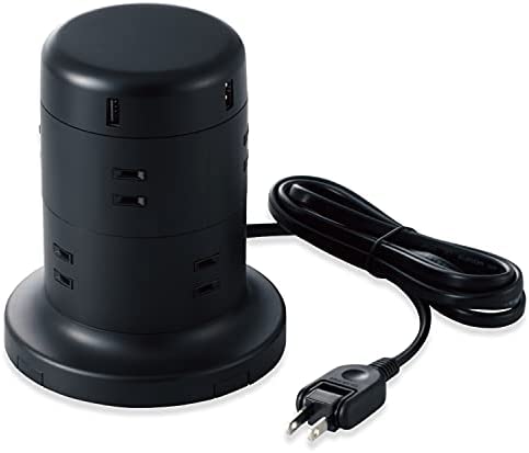 Rakuten - 【ポイント2倍】 【クーポン付】 エレコム 電源タップ タワー型 8個口 雷サージ付 ホコリ防止シャッター付 固定可能 5ポート合計出力4.8A 2.0m ブラック 送料無料