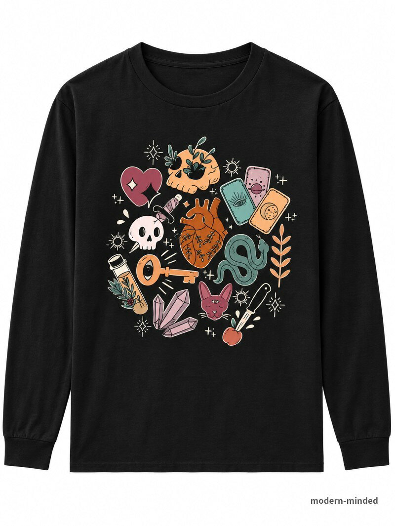 Tシャツ 魔女の魔法道具パンプキン骸骨ハート蛇クリスタル鍵ポーション瓶うさぎイラスト 長袖 ユニセックス メンズ レディース ブラック 大きいサイズ プレゼント 贈り物 ギフト おもしろ デイリーウェア カジュアル ハロウィン 送料無料