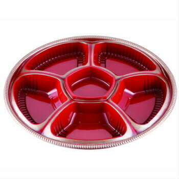 KS−650 赤渋金 勘合透明蓋付 10入 オードブル容器 使い捨て パーティー 皿蜂 6仕切り 丸