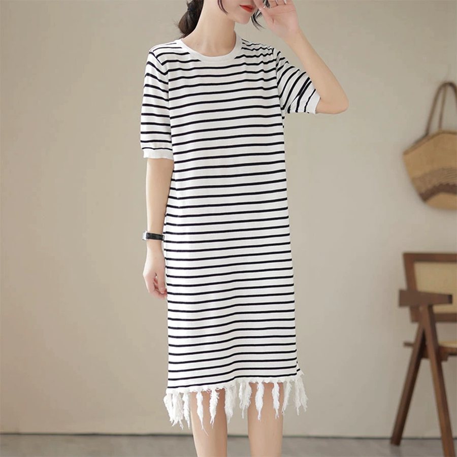 ニットワンピース レディース きれいめ ロングワンピース 春 夏 ボーダー柄 半袖 リゾートワンピース チュニック カジュアルワンピース マキシ 大きいサイズ ワンピ チェックスカート 体型カバー 着痩せ 可愛い ルームウェア ブラック トレンド 大人カジュアル 女子