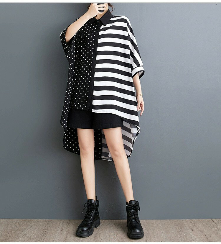 チュニック 春夏 ロングシャツ レディース 半袖 ブラウス トップス ドット 水玉 ボーダー柄 切替え 大きいサイズ シャツワンピース アウター きれいめ 大人可愛い ロングシーズン 着回し カジュアル オーバーサイズ 体型カバー 着痩せ 上品 大人 春服 ワンピ 大人カジュアル