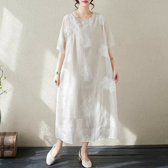 乐天商城 - ワンピース 春夏 総レース 上品 レディース ロングワンピース ドレス リゾートワンピース スカート 膝下 無地 薄め マキシ丈 ワンピ パーティードレス 半袖 可爱い 刺繍 通勤ワンピース きれいめ 結婚式ワンピース 二次会 お呼ばれ OL 大人 体型カバー 20代30代40代50代