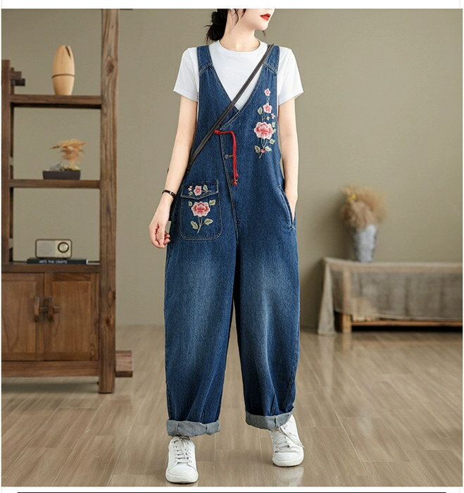 デニム オーバーオール 刺繍 サロペット ボトムス オールインワン ロング パンツ 夏 春 秋 大きいサイズ レディース ロンパース 作業服 つなぎ ジャンパースカー キャミ カジュアル サルエルパンツ フレアー ジーンズ サルエル ワイドパンツ 通勤 テールライン 着痩せ