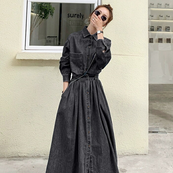 ワンピース デニム シャツワンピース マキシ 黒 コート アウター 長袖 レディース ジャケット ロングシャツ トップス 大きいサイズ 無地 ビッグ チュニック きれいめ 大人可愛い カットソー オーバーサイズ 洗える 羽織 春 秋 上品 体型カバー 通勤 OL フォーマル ネイビー